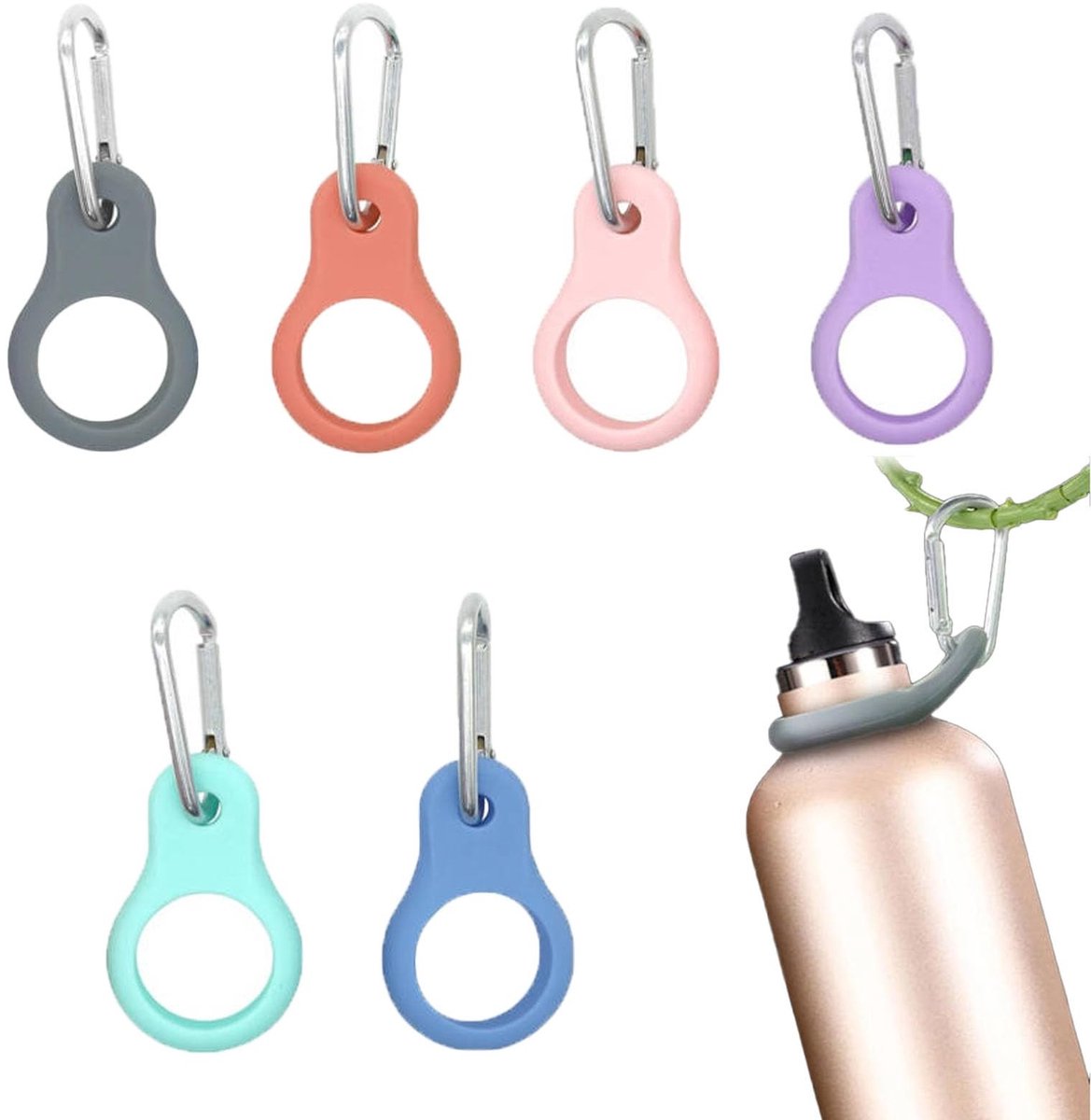 Dailygoods- Karabijnhaak Set van 6 - Flessenhouder - Siliconen Clip - Draagbare Waterfles-Ringhouder - Geschikt voor Sportflessen - Brede Compatibiliteit - Fleshouder