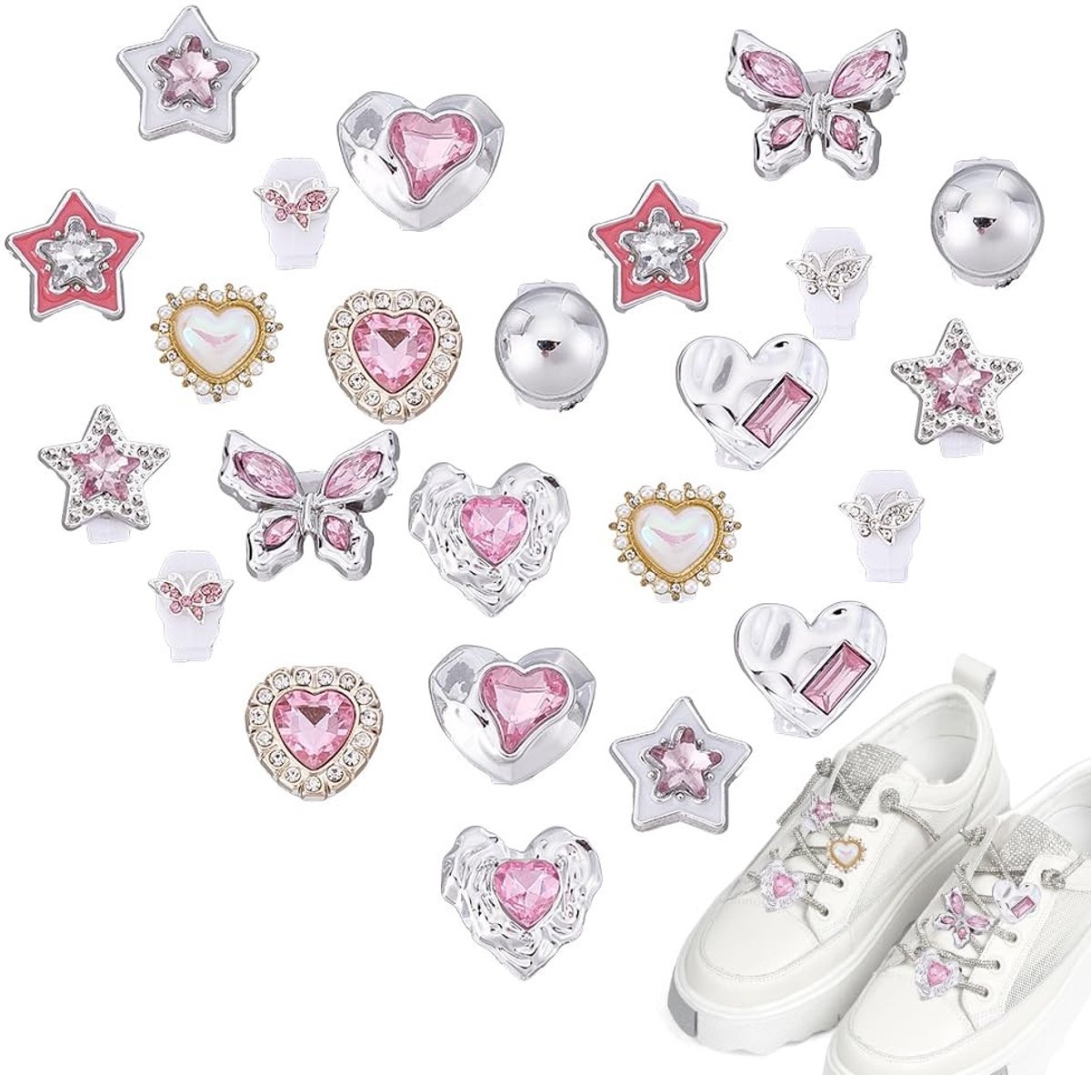 Dailygoods- Schoenveters Charms 24 Stuks - 12 Stijlen - Duurzaam - Lichtgewicht - Hars/Legering - Strass Details - Schattige Decoratie - Schoenaccessoires
