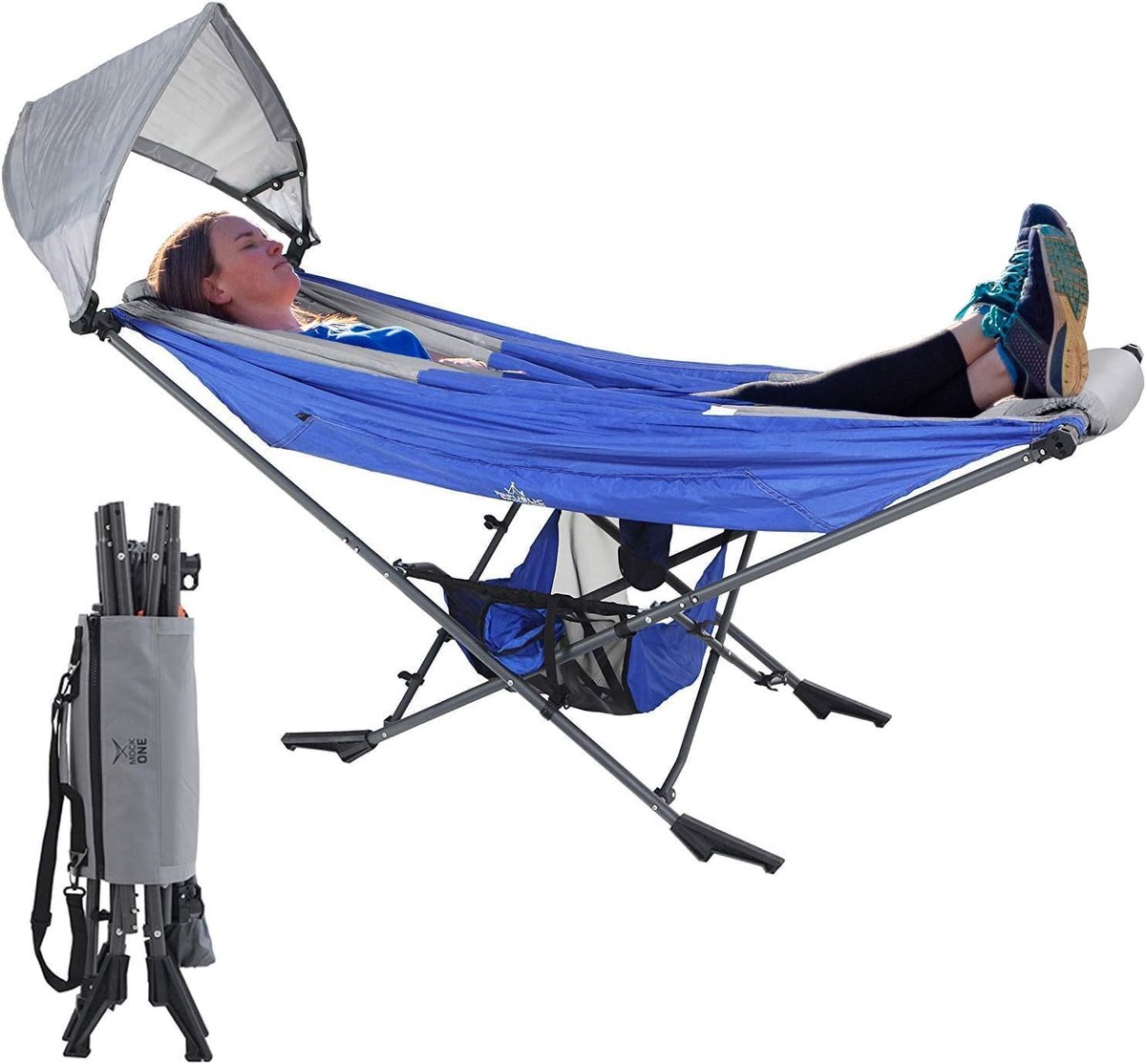 MOCK ONE Hangmat, draagbare hangmat met standaard, compacte opvouwbare ingelijste hangmatten met verstelbaar zonnedak voor buiten, binnen, patio, camping, blauw
