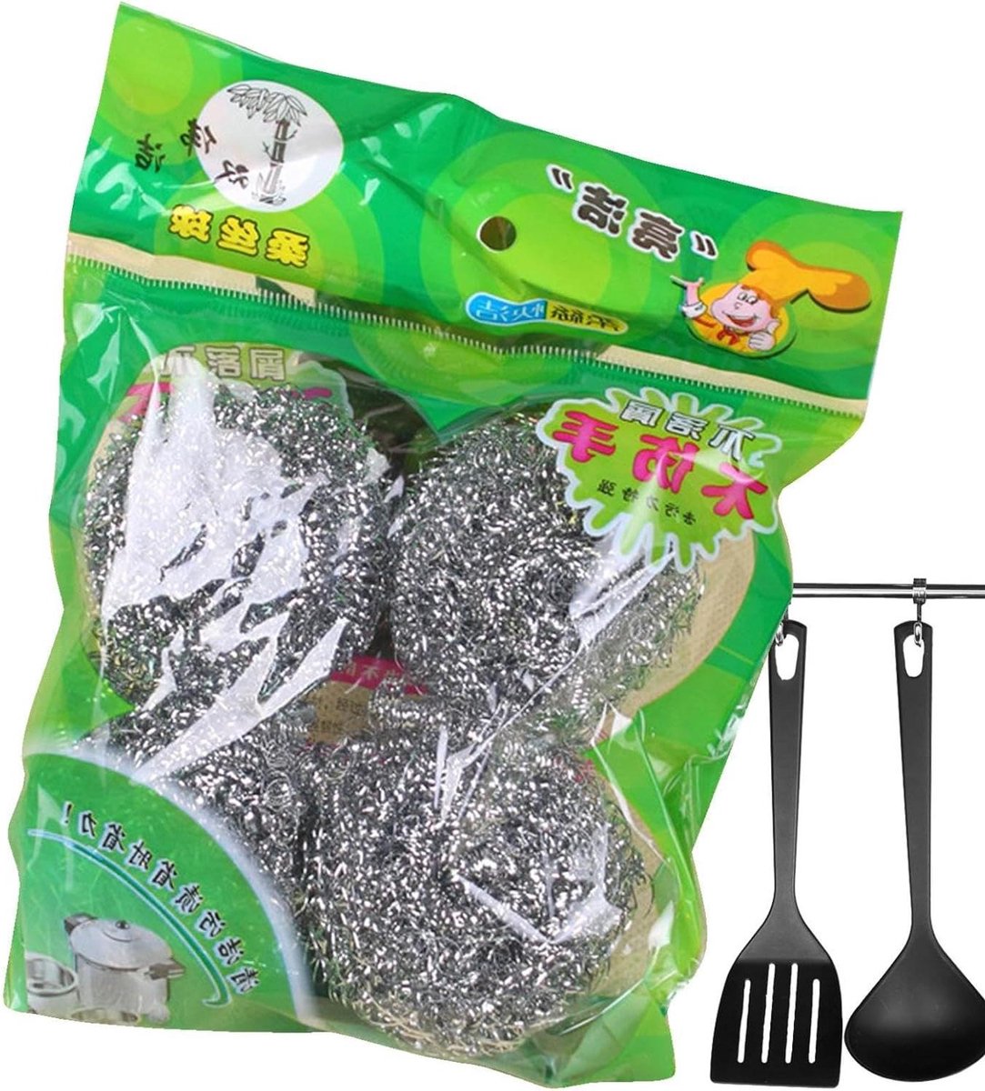 Roestvrijstalen schrobber - Staaldraad reinigingsbal - Keuken reinigen - Zonder krassen - 16 x 14 x 5 cm - Meerkleurig