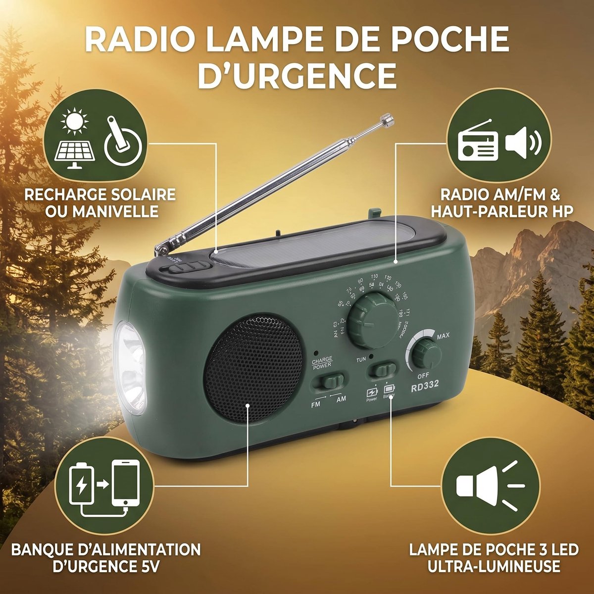 Dailygoods- Noodradio met Solar Oplader - Handcrank - Powerbank - AM/FM Weerwaarschuwing - Draagbare Radio - 3-LED Licht - Noodlamp – foto 6