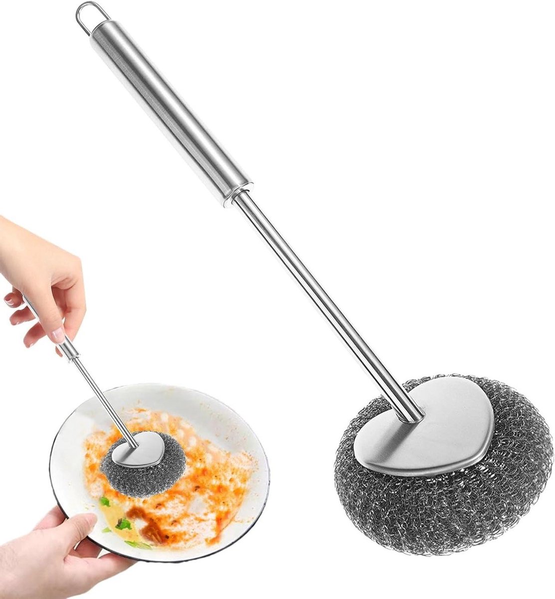 Metalen Kom Scrubber - Pan Schrobber - Keuken Reinigen - Roestbestendig Staal - 26.7 cm Lengte - Lange Kleur