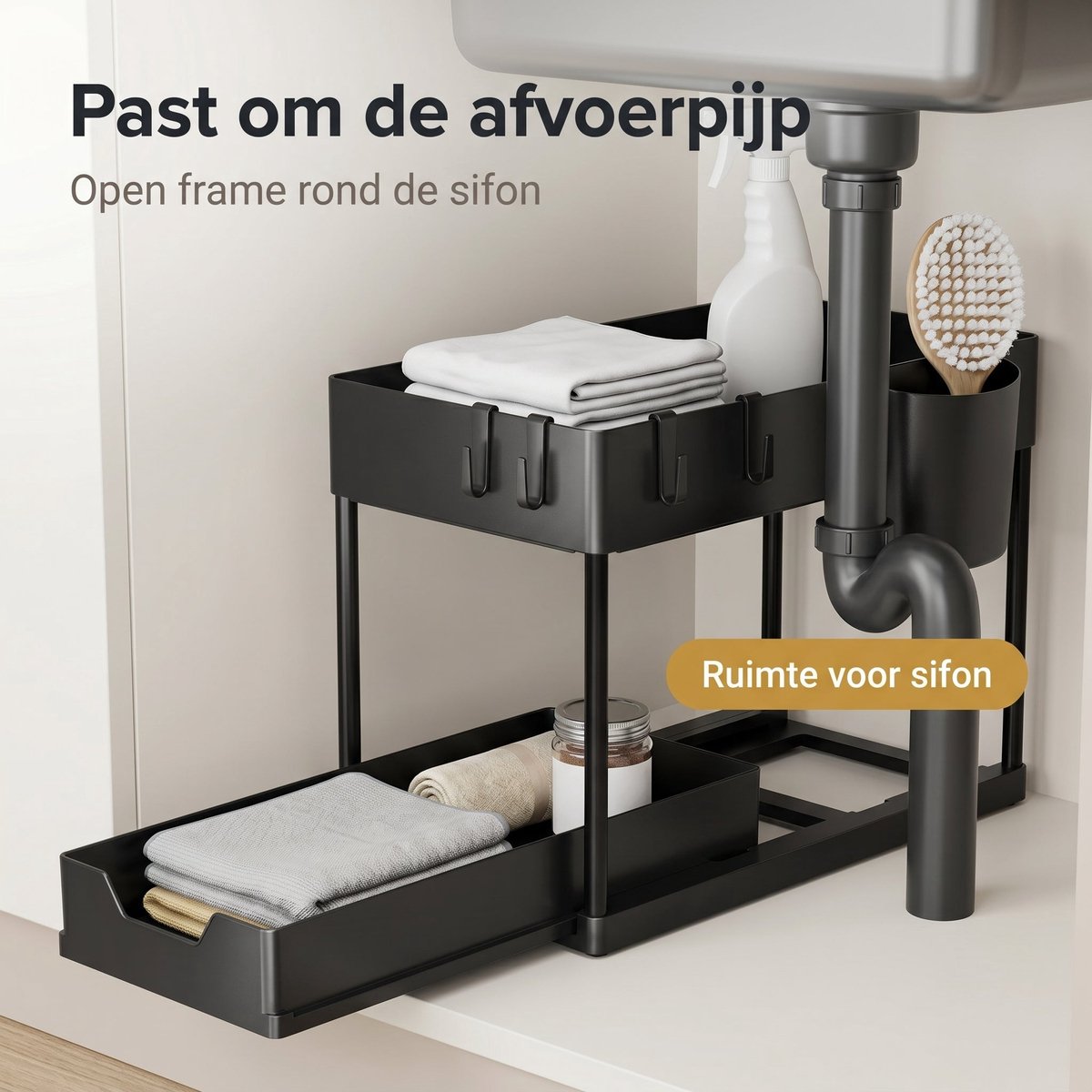 Cheqo® Onder de Gootsteen Organizer 2-Laags - Uittrekbare Kast Organizer - Keukenkast Organizer - Gootsteenorganizer - Uitschuifbare Schuiflade - Onderkast Organizer - Opbergrek voor Onder de Wastafel - Keuken en Badkamer Organizer - Zwart — cadeau in Cadeau-ideeën - foto 7