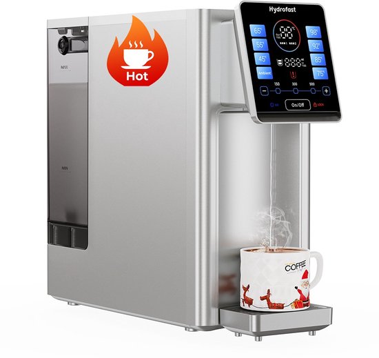 Zilverkleurige Hydrofast RO waterfilter met een digitaal display dat temperaturen toont en damp die uit een mok koffie komt.