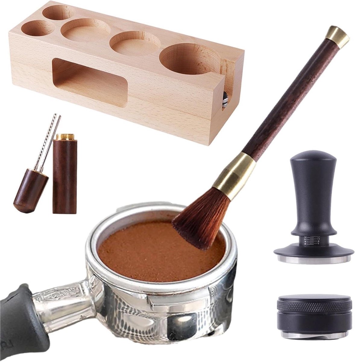 Koffie Sabotage Set - Barista Accessoires - Espresso Bereiding - Tijdloos Houten Ontwerp - Universele Pasvorm - Houtkleur