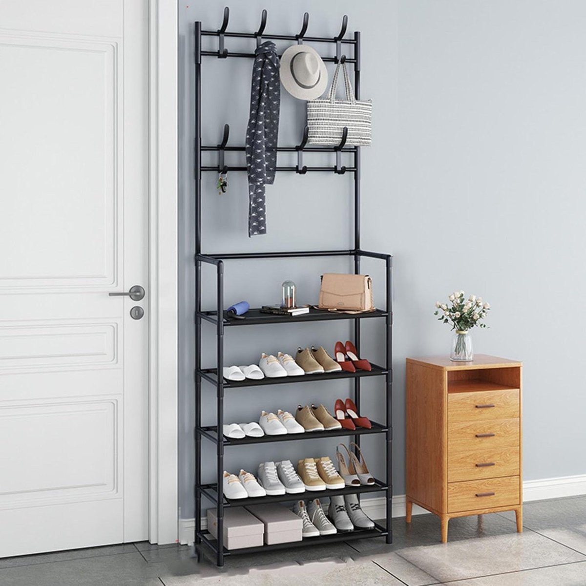 2-in-1 Entryway kapstok en schoenenhal boom met Sto Bench vrijstaande nizer voor kleding s