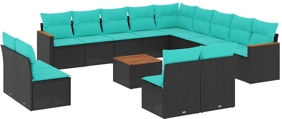 vidaXL - 14-delige - tuinbankset - met - kussens - van - zwart - polyrotan