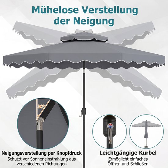 Parapluie gris avec fonction d'inclinaison réglable, manivelle et fermeture.