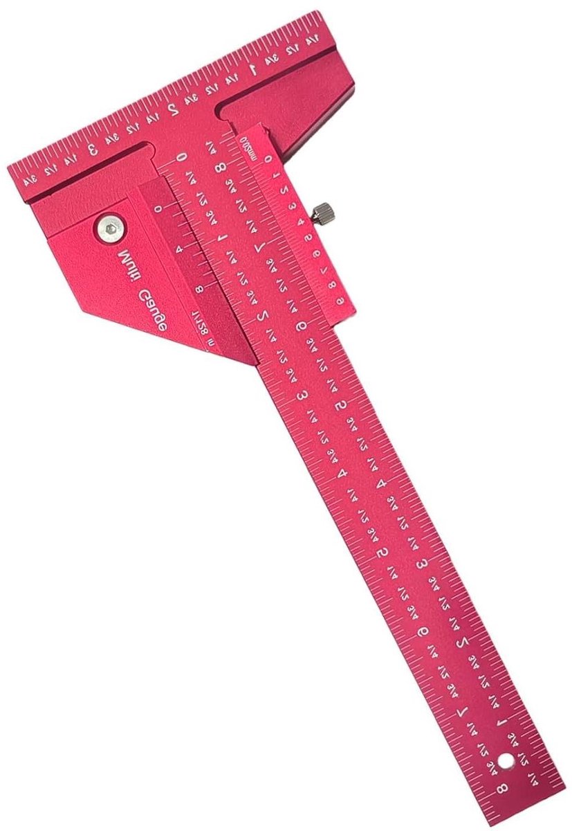 Houtbewerkingsliniaal - Meetgereedschap - Precisie Markeren - Multifunctionele T-kop - 210 mm schaal - Rood
