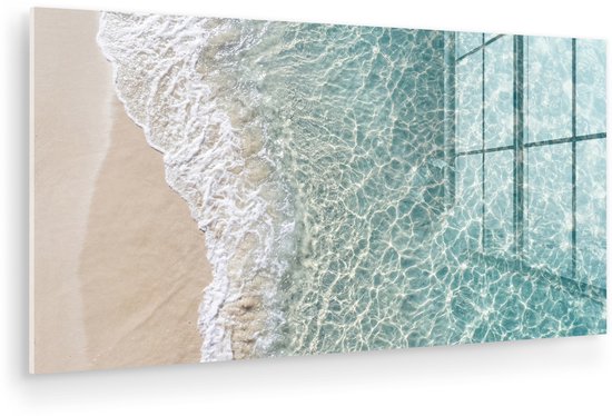 MuchoWow® Glasschilderij 120x60 cm - Schilderij acrylglas - Kust - Zand - Blauw - Foto op glas - Muurdecoratie woonkamer - Wanddecoratie slaapkamer - Schilderijen