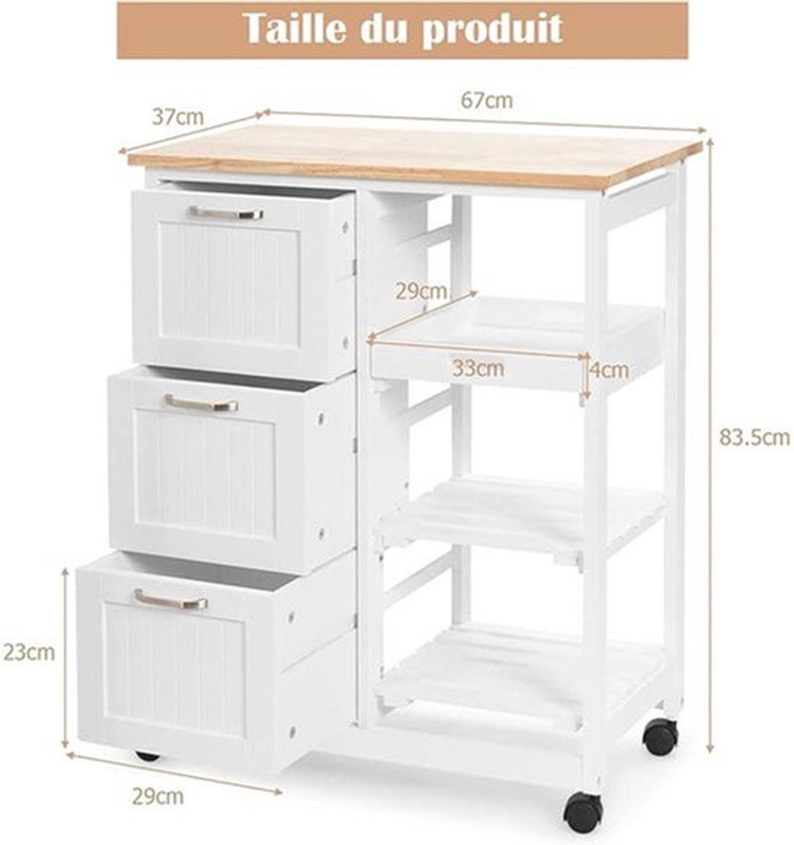 Keukentrolley – Keukenwagen – Serveerwagen – Opbergtrolley – Rollende Keukenkast – 3 Grote Lades – Rubberhout Werkblad Met Uitneembare Tray