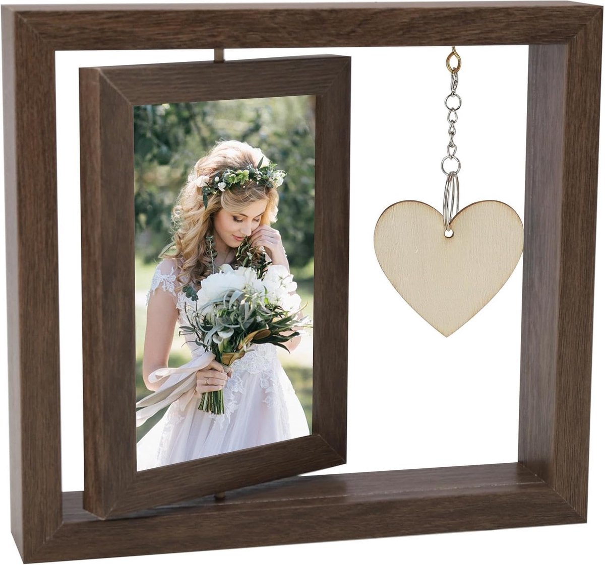 carmdering - Fotolijst - Houten Fotolijst - Dubbelzijdige Fotolijst - Donkerbruin, 10×15 cm, 360° draaibaar - Met hartvormig label om zelf te schrijven - Voor bureau, slaapkamer en woonkamer - Cadeau voor moeder - Stofdicht en vochtwerend