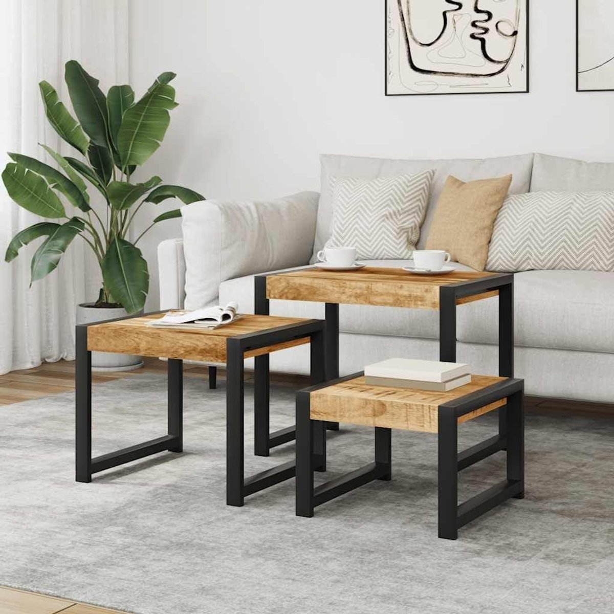 Mangohouten bijzettafels - Stapelbare tafels - Woonkamer Decoratie - Handgemaakt Uniek - 60 cm breed - Natuurlijk Hout