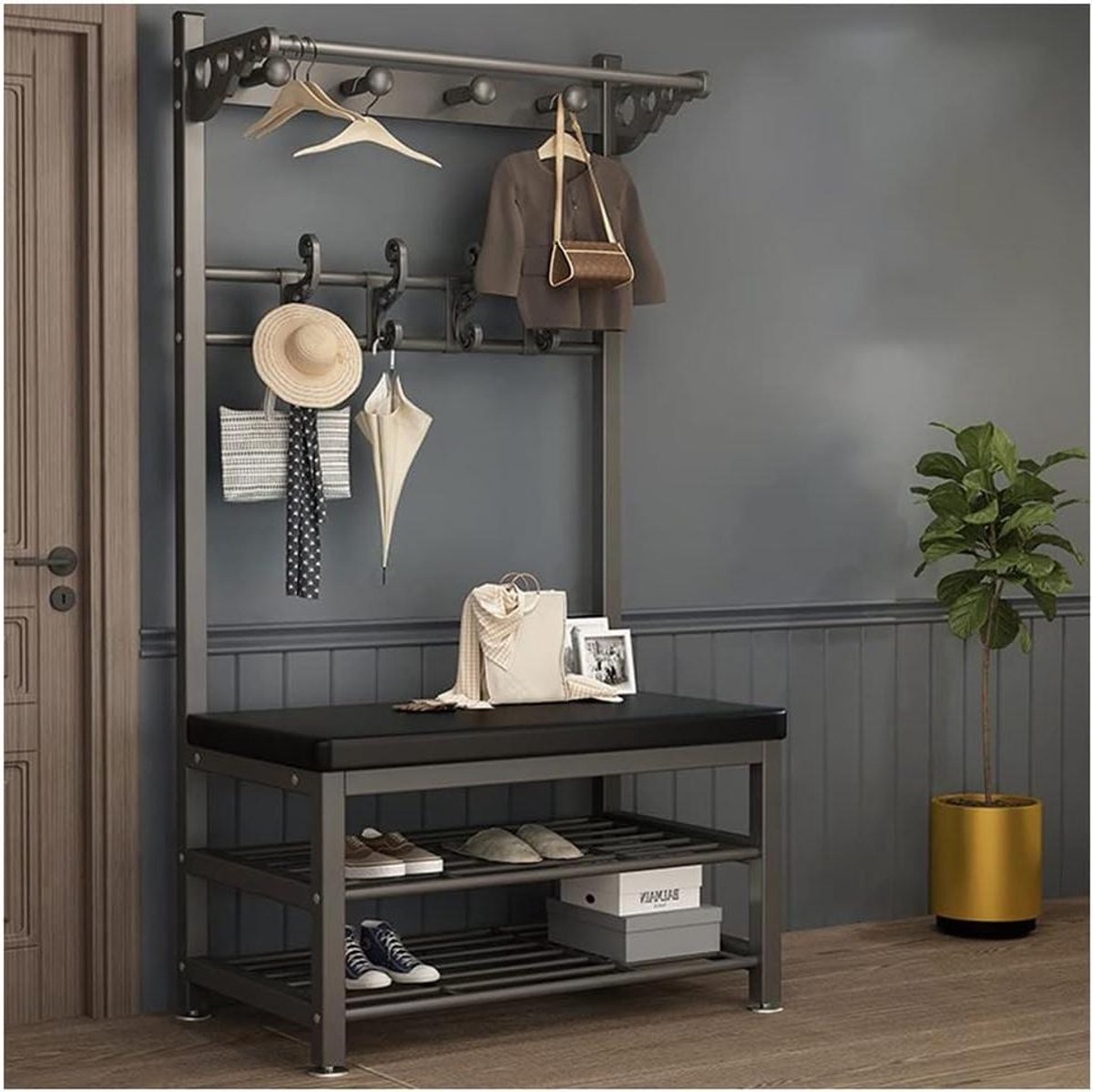 Entree meubel - Kapstok bank - Organiseer entree - Met 14 haken - 60 x 33 x 17 cm