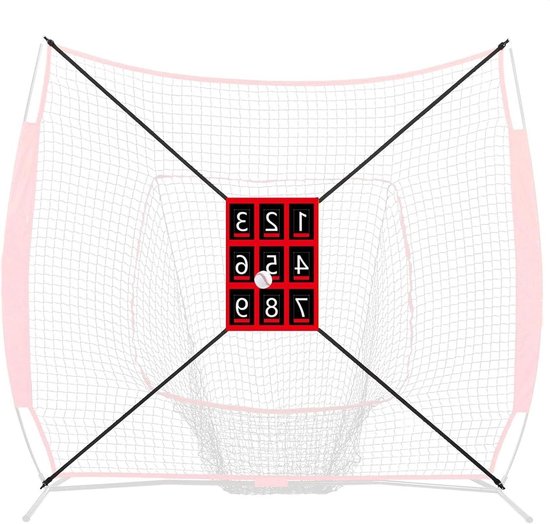 Zwart trainingsnet met rood doelvak met cijfers 1-9, met honkbal.