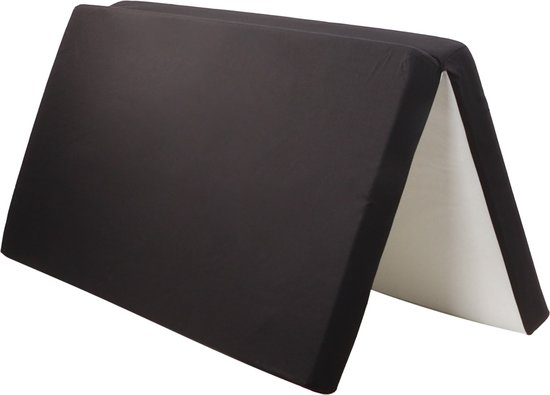 Opvouwbaar boxmatras in een A-vorm, zwart aan de buitenkant, wit aan de binnenkant.