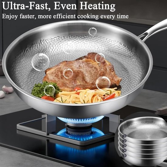 Titanium Koekenpan - Wok Pan - Gezond Koken - Gehamerd Tagine Design - 26 cm - Zilver — afbeelding 4