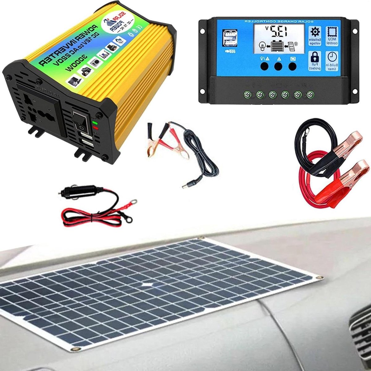 Zonnepanelen Set - Energie Systeem - Off-grid Stroom - 3000W Omvormer - 18W Paneel - Zwart