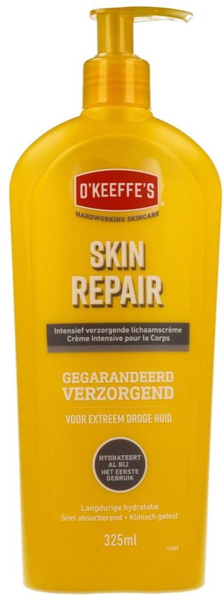 Gele O'Keeffe's Skin Repair lotionfles met pompdispenser. "GEGARANDEERD VERZORGD VOOR EXTREEM DROGE HUID".