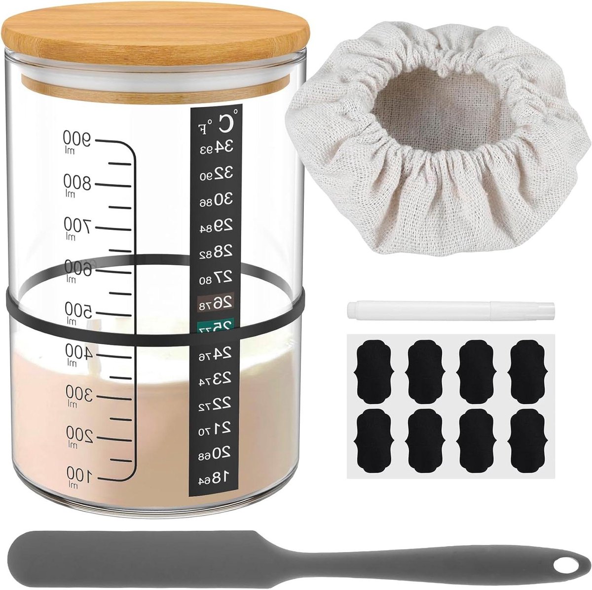 Zuurdesem Starterset - Gistingsglas Bakgerei - Zelf Brood Bakken - Compleet met Accessoires - 900 ml - Transparant