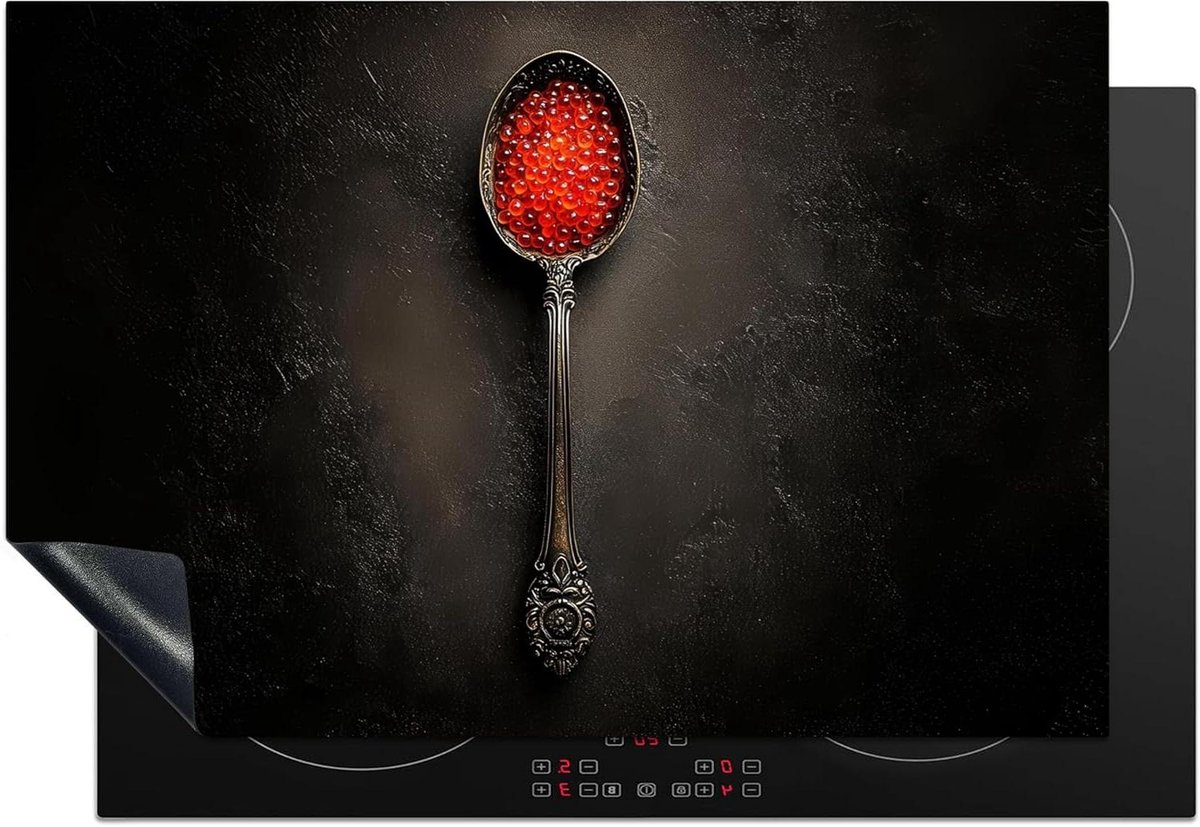 KitchenYeah© Inductie Beschermer 77x51 cm Keuken Decoratie Kookplaat Beschermer voor Inductiekookplaat Afdekplaat Anti Slip Mat - Zwart - Lepel - Caviar