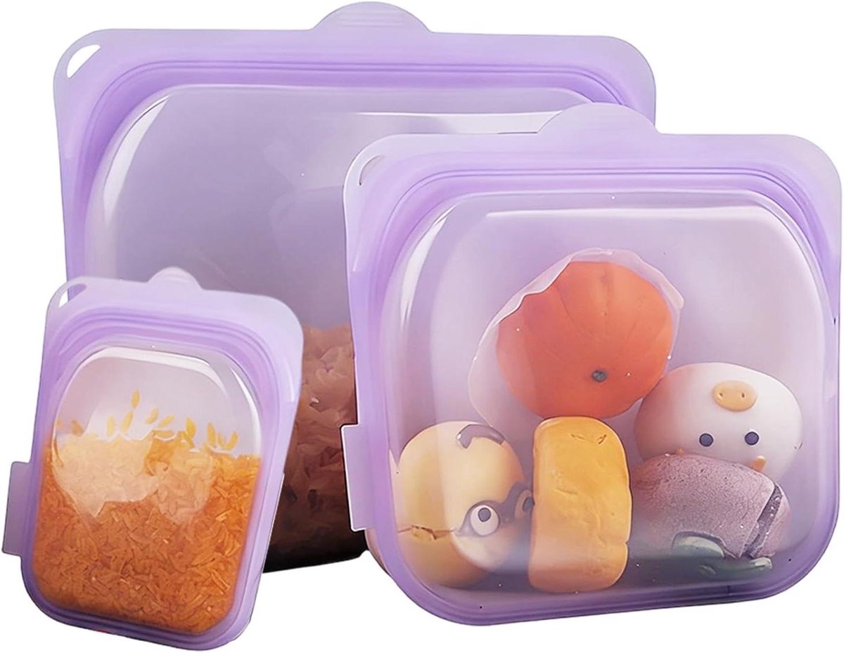 Herbruikbare Diepvrieszakken - Snackcontainers Siliconen - Voedsel Organisatie - Luchtdichte Sluiting - 3 Stuks - Paars