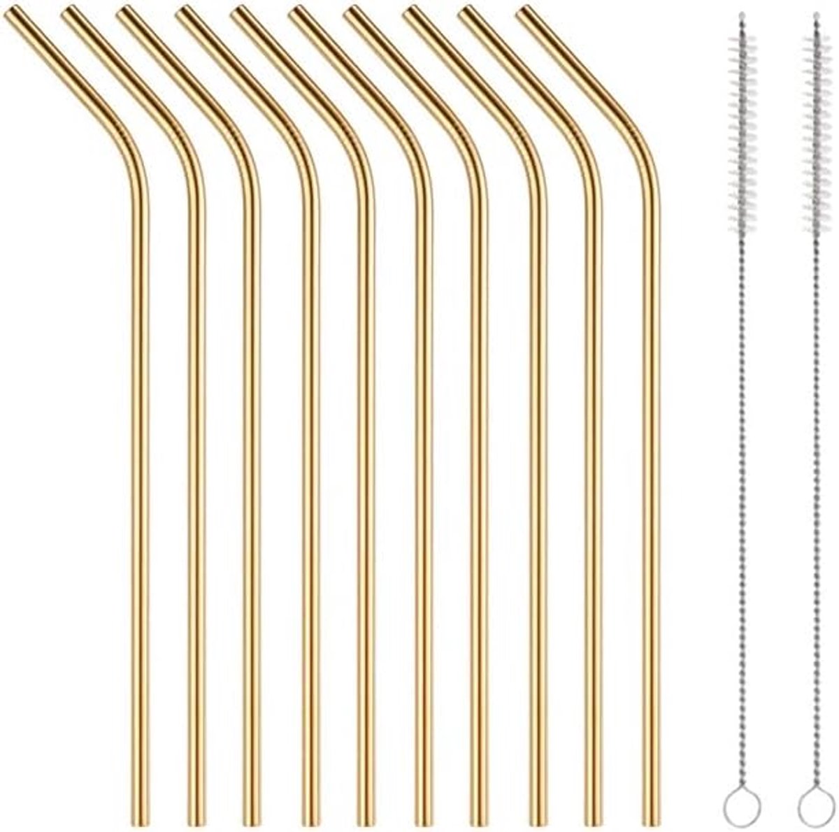Verpakking met 10 herbruikbare, flexibele metalen rietjes, inclusief 2 schoonmaakborstjes (goudkleurig, 21,5 cm).