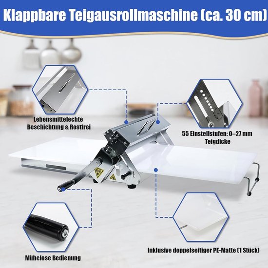 Manuele Deeguitrolmachine & Pastamachine (30cm) - Dikte Verstelbaar 0-25mm - Professionele RVS Deegroller voor Bladerdeeg, Pizza, Fondant & Marsepein - Opvouwbaar(S) — afbeelding 4