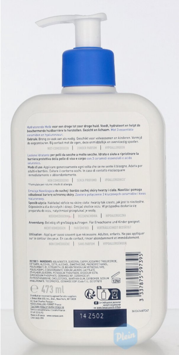 CeraVe Hydraterende melk - voor de droge tot zeer droge huid - met 3 essentiële ceramiden en hyaluronzuur - 473ml