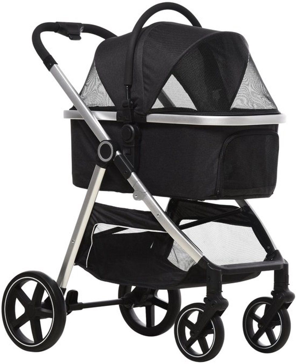 Hondenwagen – Hondentrolley – Draagtas – Hondenbuggy – Wandelwagen – Opvouwbaar Aluminium Frame – Inclusief Wasbaar Kussen – Zwart – Geschikt Tot 10 Kg – Met Opbergbak