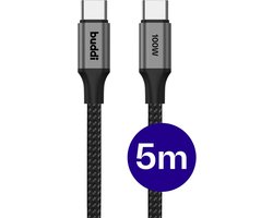 Buddi Flex | USB-C naar USB-C Kabel | 100W Super Fast Charge | Power Delivery Snelladen | 480Mbps Dataoverdracht | Gevlochten Nylon | 5 Meter | 5M Zwart