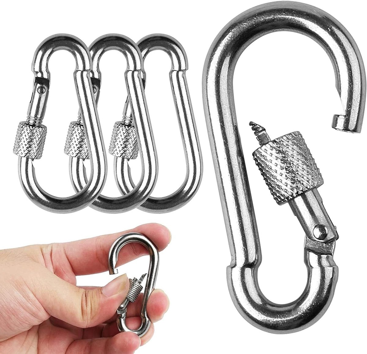 Set van 4 M6 Kleine Karabiners met 135kg Draagvermogen, RVS Haak voor Sleutels, Kamperen en Buitenactiviteiten