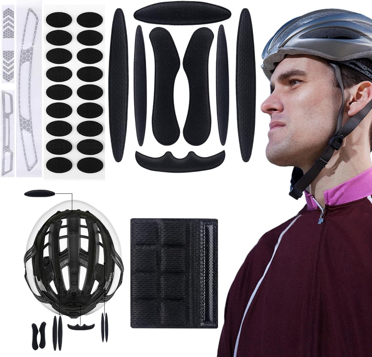 Set vervangende beschermers voor fietshelmen, universele zwarte voering, 18 tips, reflecterende helmaccessoires voor extra veiligheid