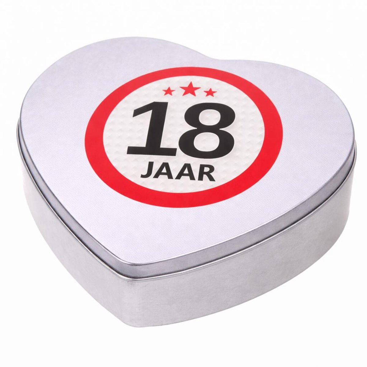 Cadeau 18 jaar - hartjes snoep blik met leeftijd etiket - 18x17 cm - verpakking - verjaardag