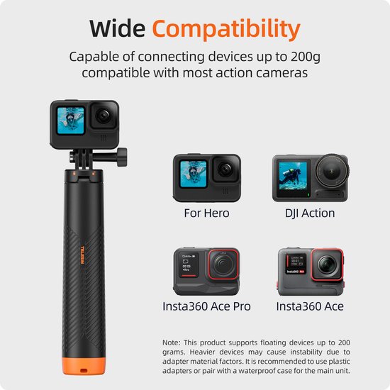 Zwarte en oranje selfiestick, compatibel met GoPro, DJI Action en Insta360 camera's.