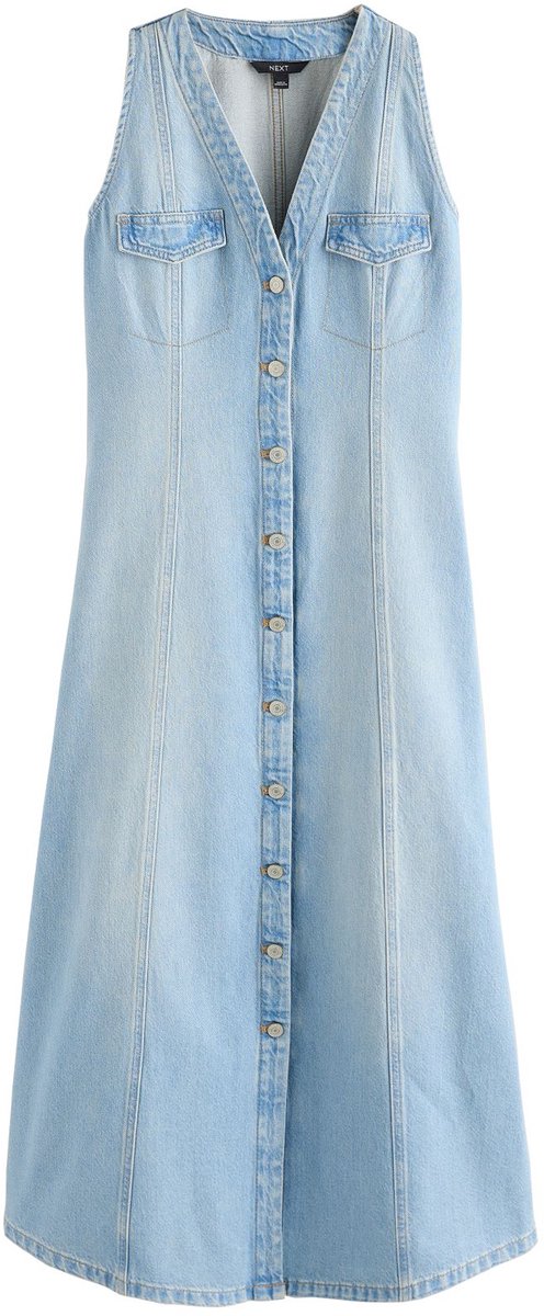 Next Dames - Denim mouwloze midi-jurk met knoopsluiting - Blauw Bleach Blue