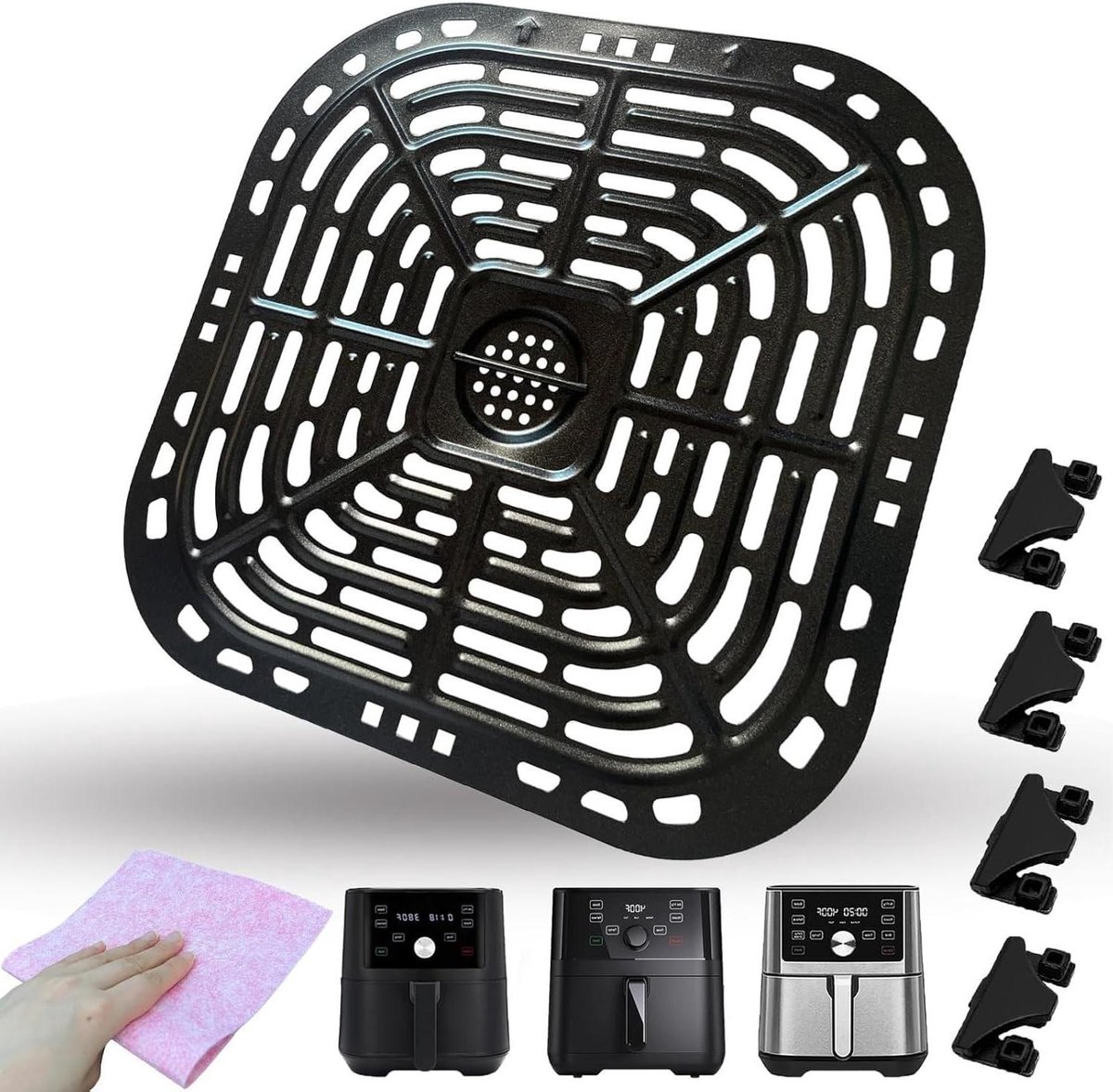 Airfryer Bak - Crisper Plate Grillpan - Gezond Koken - Dubbellaags Antiaanbaklaag - 24.5 x 23.5 cm - Zwart
