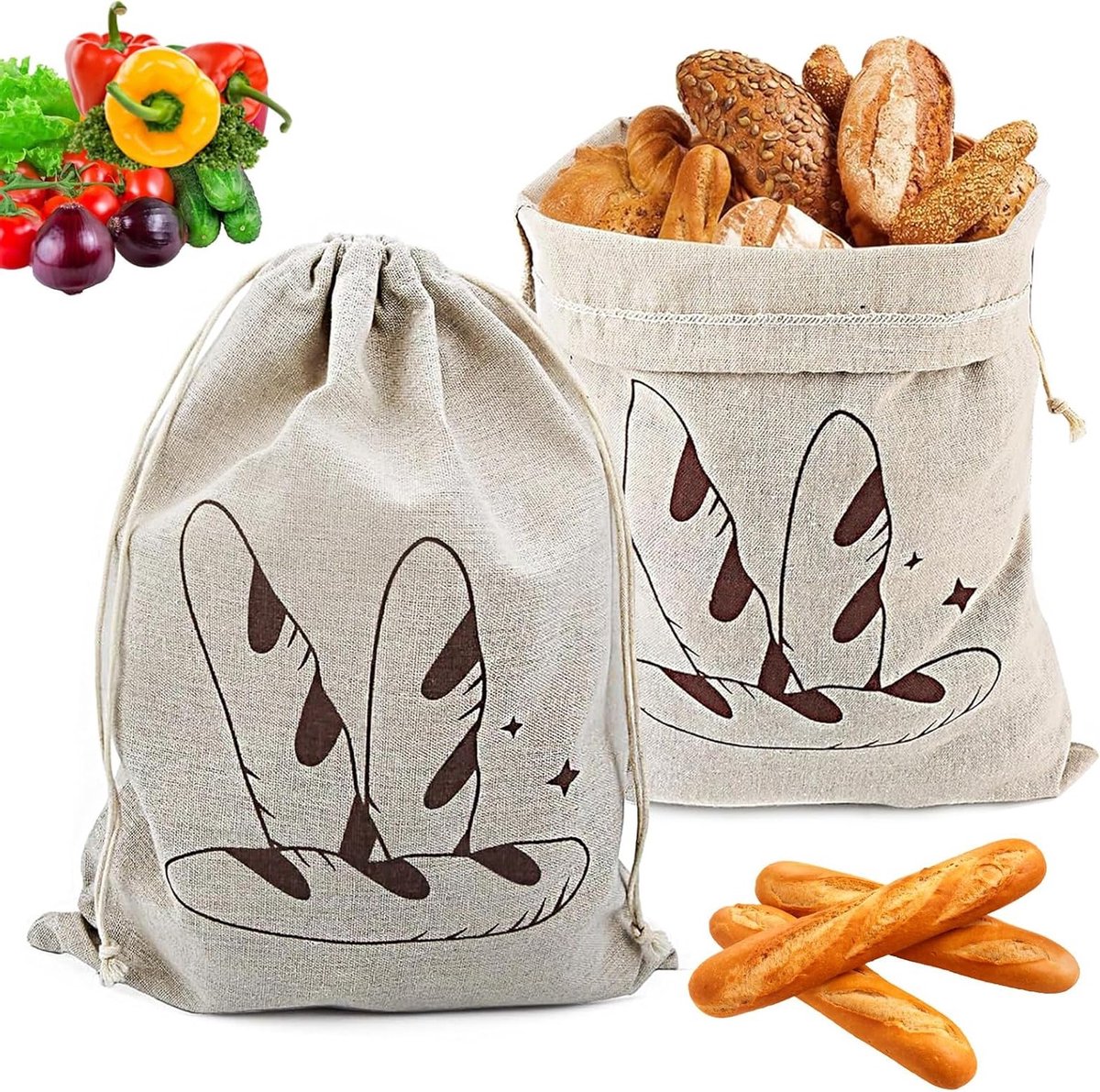 Linnen Broodzakken Set van 2, 40cm × 30cm, Herbruikbare Opbergzakken voor Brood, Fruit en Groenten, Duurzaam en Ademend