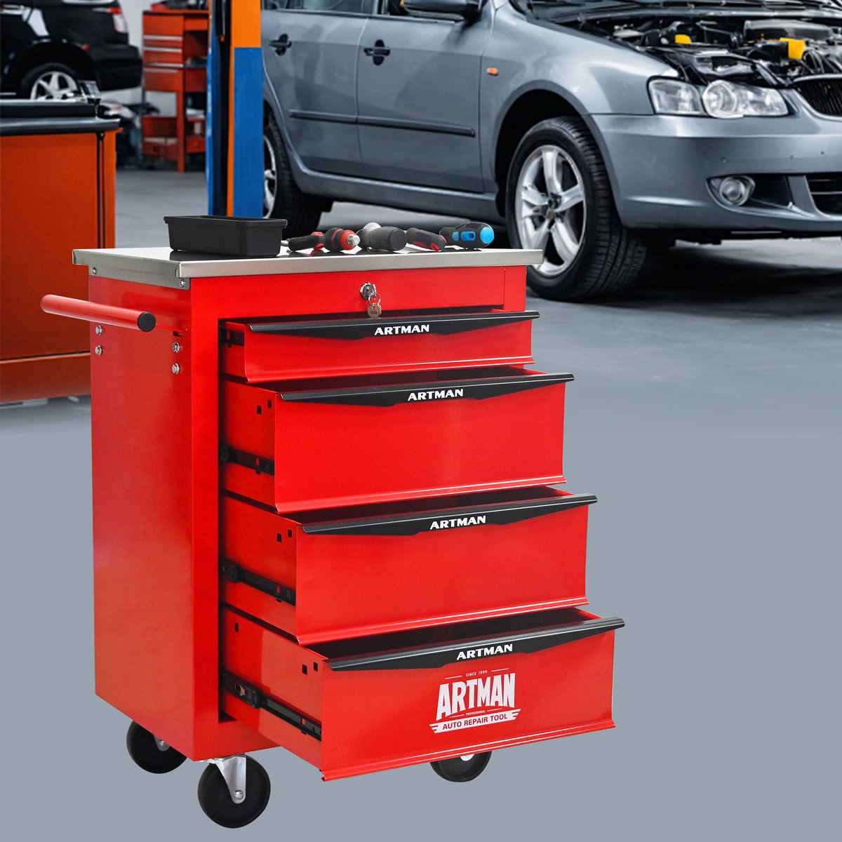 Toolkast Met 4 Lades En Wielen Voor Werkplaats En Garage, Met Sleutelvergrendeling, Stalen Constructie, Rood Zwart, 59.2 X 39.0 X 72.8 Cm