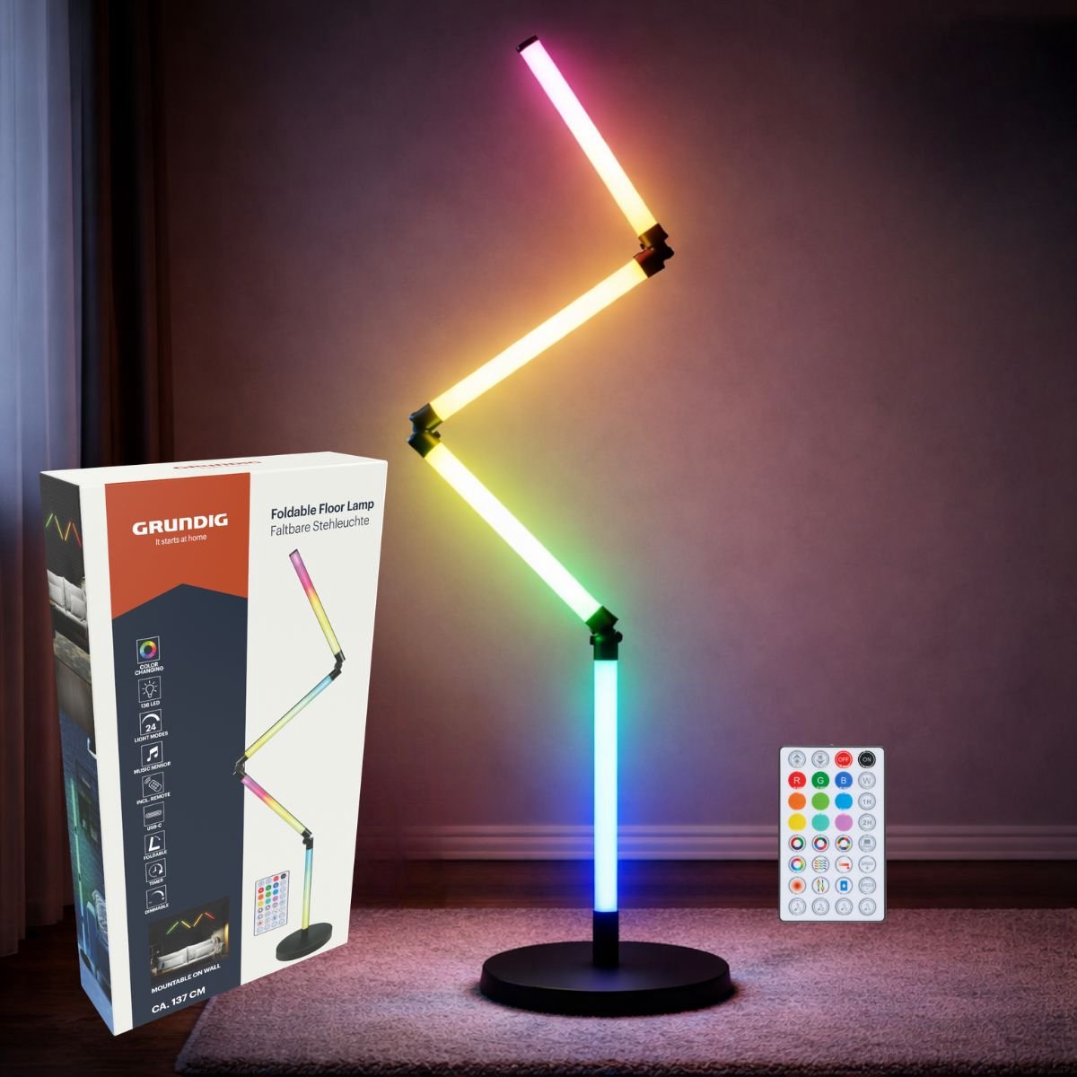 Grundig RGB Vloerlamp - RGB Lamp Staand met 24 Lichtmodi en Muzieksensor - Hoeklamp LED Staand Dimbaar met Afstandsbediening - RGB LED Hoeklamp Opvouwbaar - 137 cm - Zwart