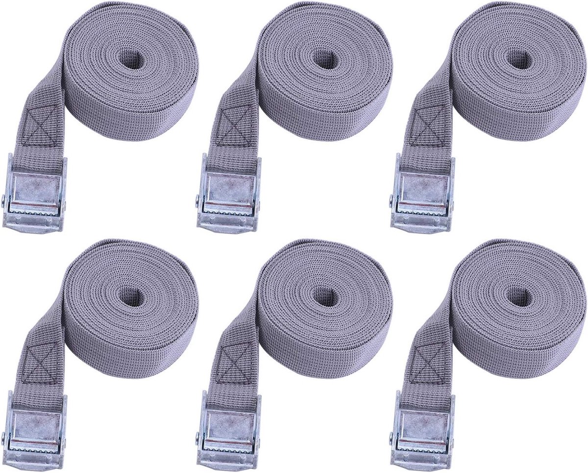 Set van 6 Ratchet Straps, Lashing Straps met Gesp, Spanklachten voor Vervoer en Opslag (25mm x 1m, Grijs/Beige) - Ideaal voor Auto, Motor en Fiets