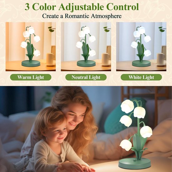 Lelietje-van-Dalen nachtlampje - 3 kleuren instelbaar - schattig design - voor slaapkamer, studentenkamer, woonkamer en kantoor decoratie - groen — afbeelding 3