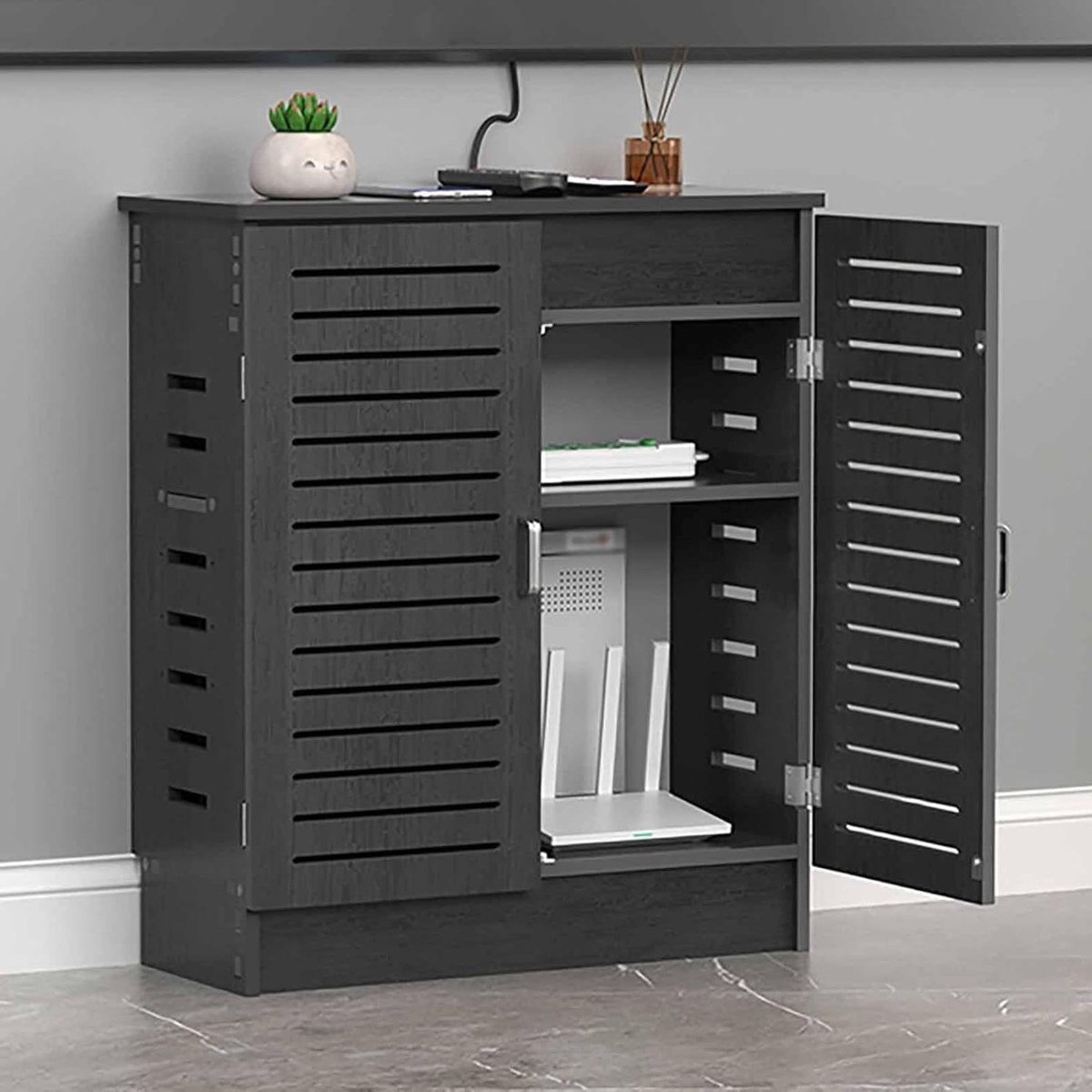 Router Opbergkast - Routerkast WiFi - Router Organiseren - Verstelbare Planken - 50x80x25cm - Grijs