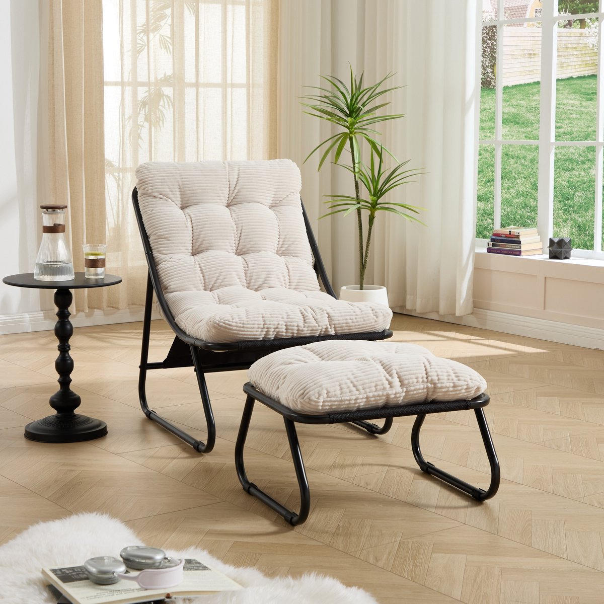 Sweiko Tuinstoel - Inclusief hocker - Relaxstoel - Met kussens - Metalen frame - Corduroy - Wit