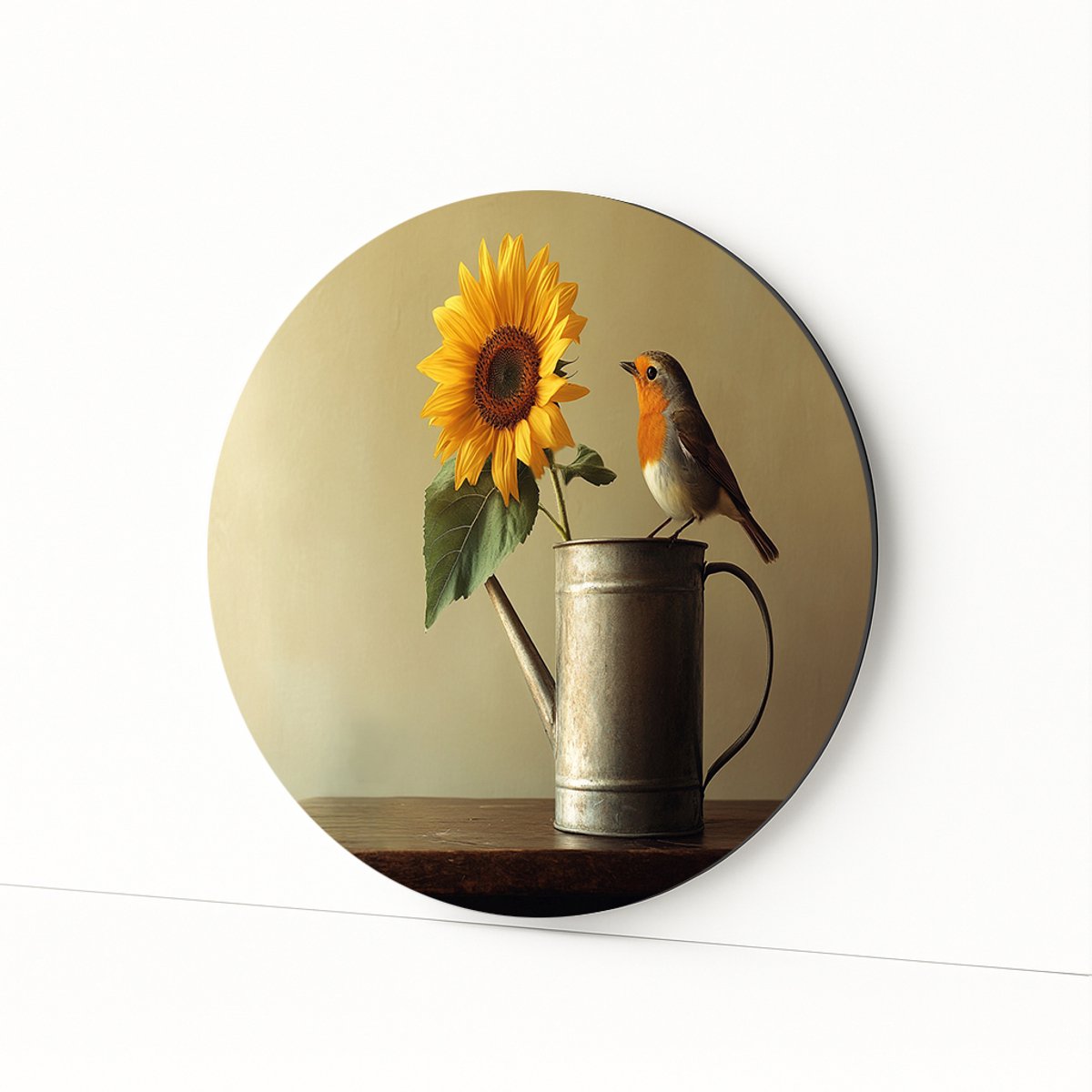 Roodborstje op gieter – ronde print – Dibond muurcirkel – 40x40 cm