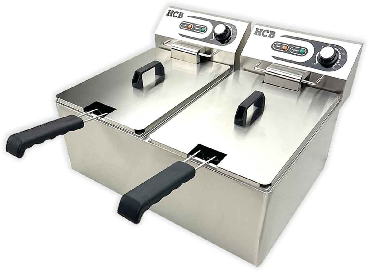 HCB® - Professionele grote Horeca frituurpan - Dubbele friteuse - 2 x 10.5 liter - 2 x 230V - RVS / INOX frietketel - frietpannen - frietpan - 47.5x57x35 cm (DxBxH) - 6000W - 2596