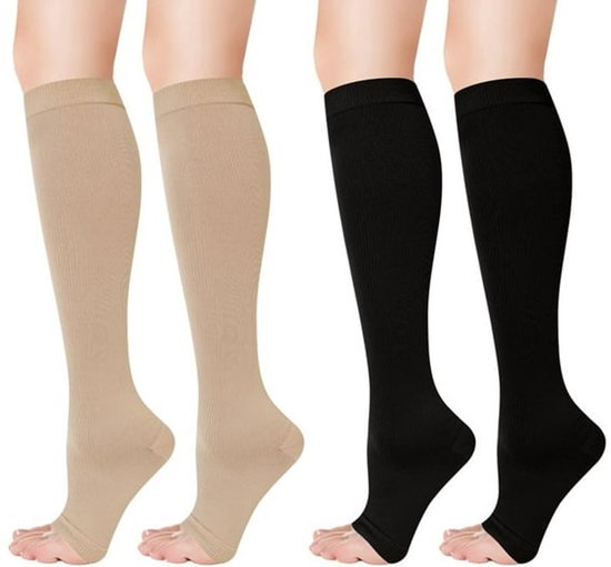 Set van 2 compressiekousen met open tenen, unisex – kniehoge sokken, geschikt voor hardlopen, zwangerschap, reizen en werk.
