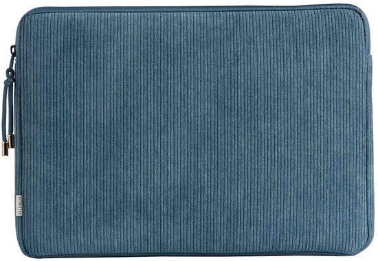 Housse d'ordinateur portable bleue en velours côtelé avec fermeture éclair latérale et étiquette 'Selencia'.