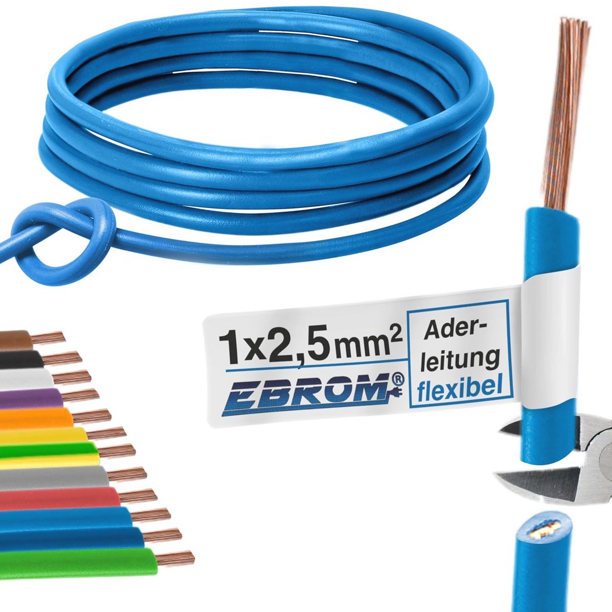 Flexibele PVC Kabel H07V-K 2,5 mm² - Lichtblauw - Verkrijgbaar in 5 Meter Stappen
