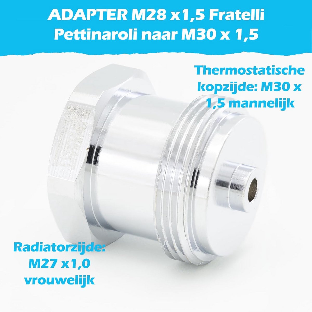 Adapter Metaal M28x1,5 naar M30x1,5 voor Thermostaatkraan Radiator